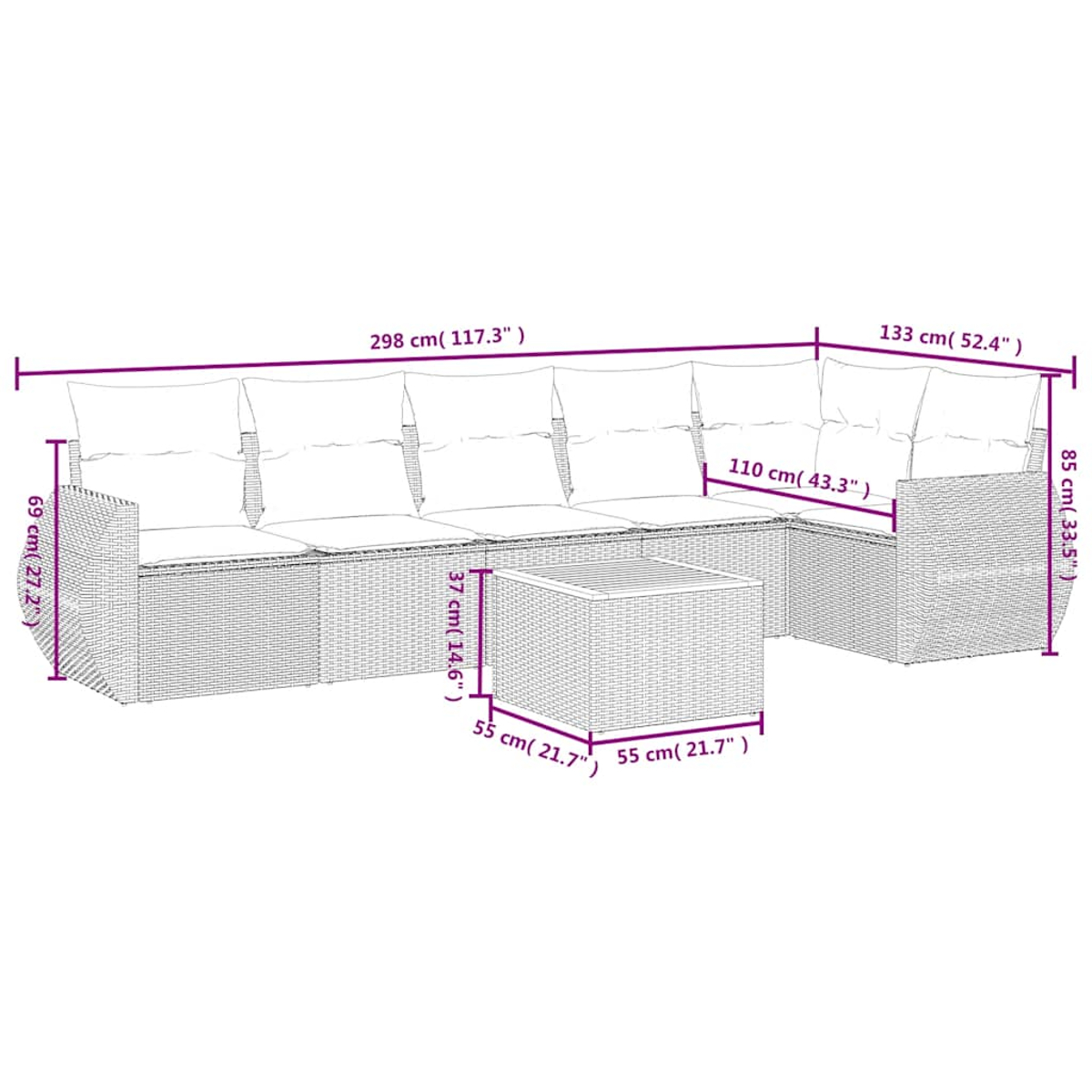 Diagramm eines Eck-Sofas und Couchtisches mit Maßen.
