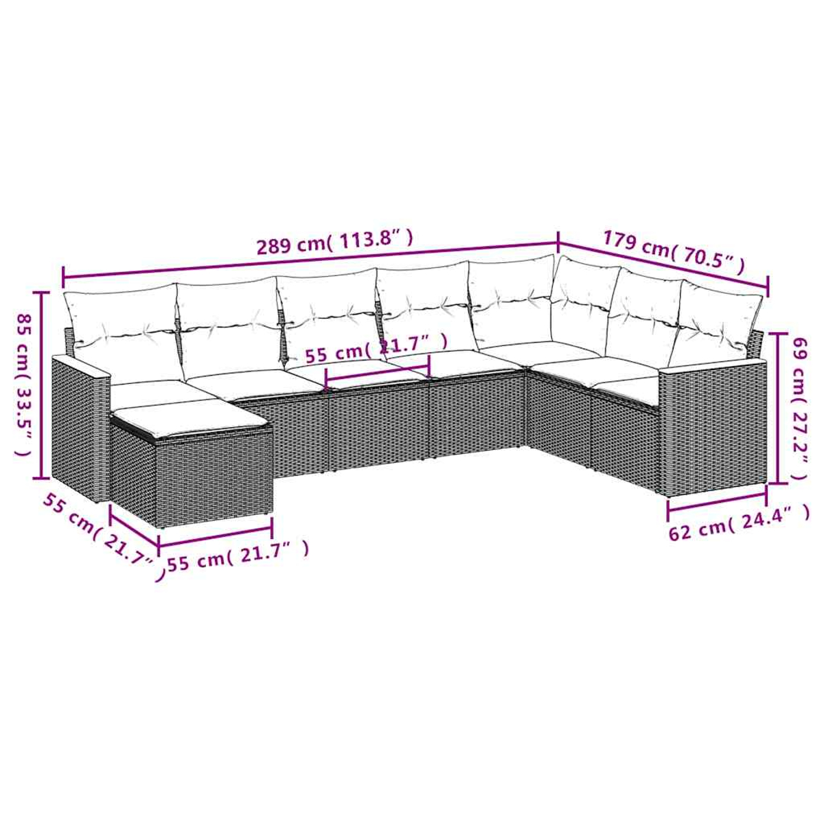 Graues Rattan-L-förmiges Sofa mit hellgrauen Kissen. Maße sind angegeben.