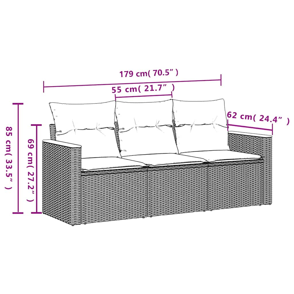 Ein dreisitziges Rattan-Sofa mit weißen Kissen, Maße sind angegeben.
