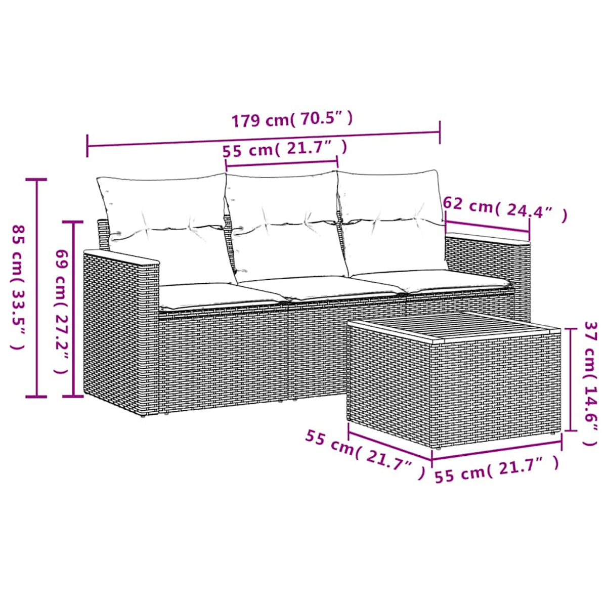 Geflochtenes Sofa und Tisch mit Maßen. Höhe 85cm, Breite 179cm. Tisch 55x55x37cm.