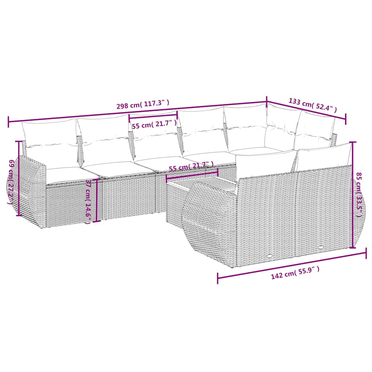 Diagramm eines modularen Outdoormöbelsets mit Maßen. L-förmiges Sofa, Eckteil und Tisch gezeigt.
