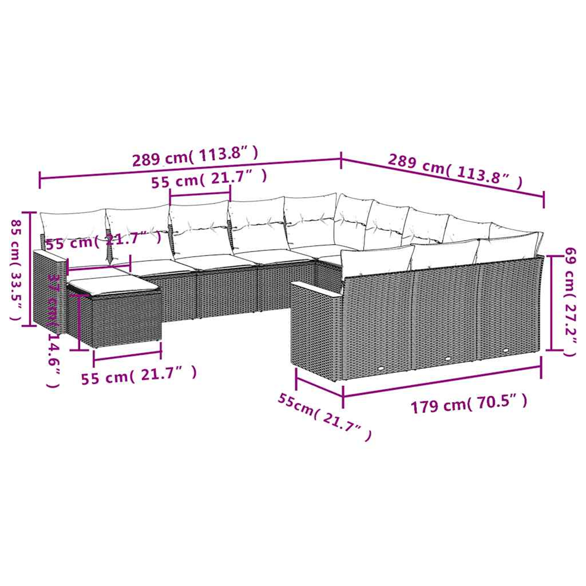 Ein modulares Rattangeflecht-Sofa mit weißen Kissen und Maßangaben.