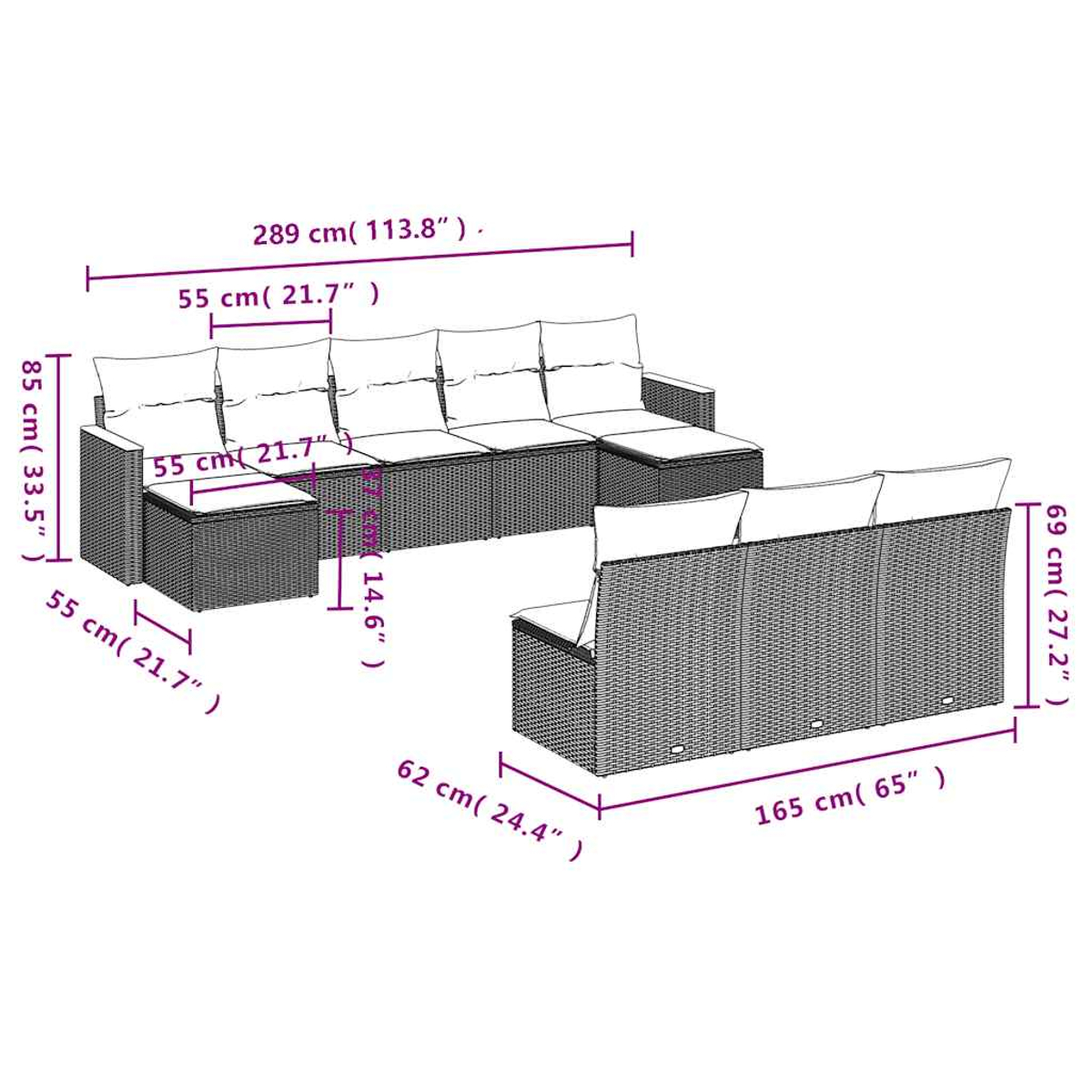 Ein Gartenmöbel-Set aus Rattan mit Kissen, Maße sind angegeben.