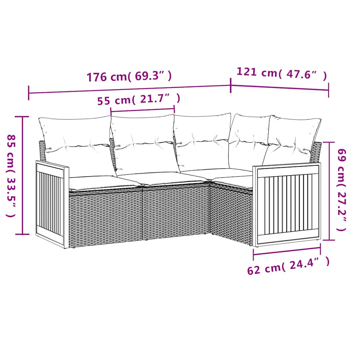 Geflochtenes Ecksofa mit Kissen, Maße: 176x121x85cm, Sitztiefe 55cm.