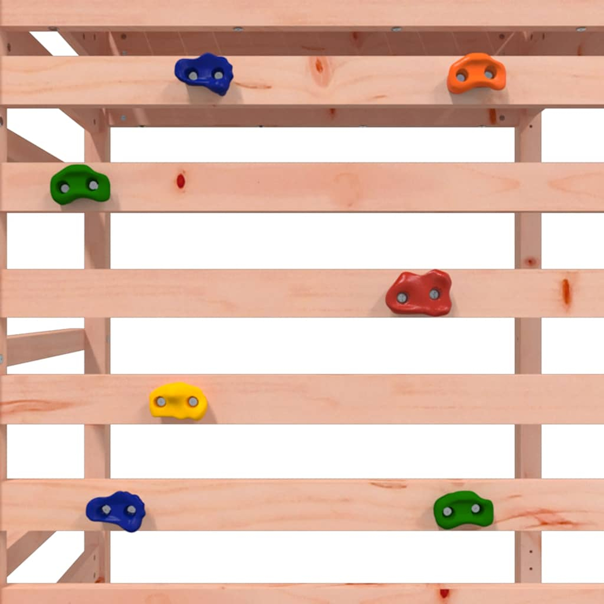Holzrahmen mit bunten Klettergriffen in Blau, Grün, Rot, Gelb und Orange.