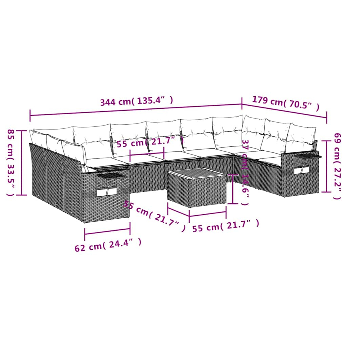 Diagramm eines modularen grauen Rattan-Sofas mit weißen Kissen, Maße werden gezeigt.