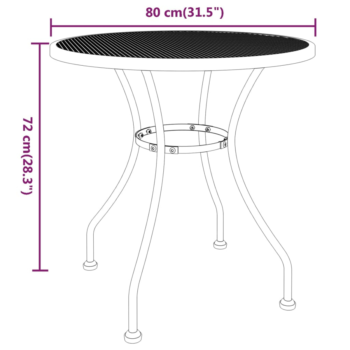 Ein runder Tisch mit Metallgestell, 80 cm breit und 72 cm hoch.