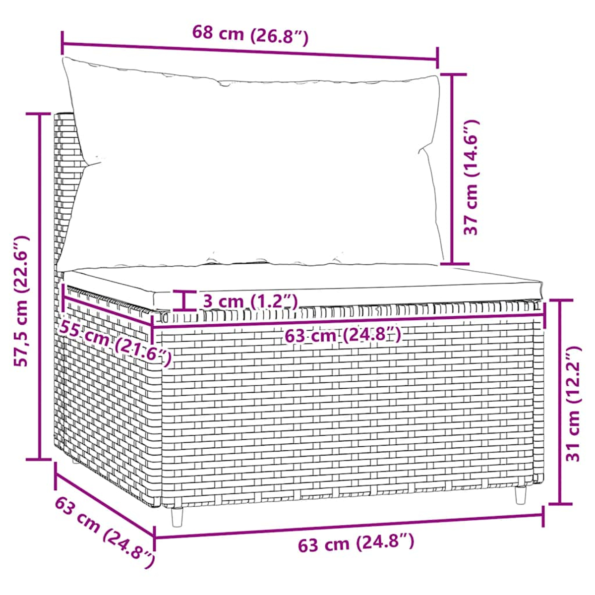 Geflochtenes Gartensofa mit Kissen. Maße: 63x63x57.5 cm.