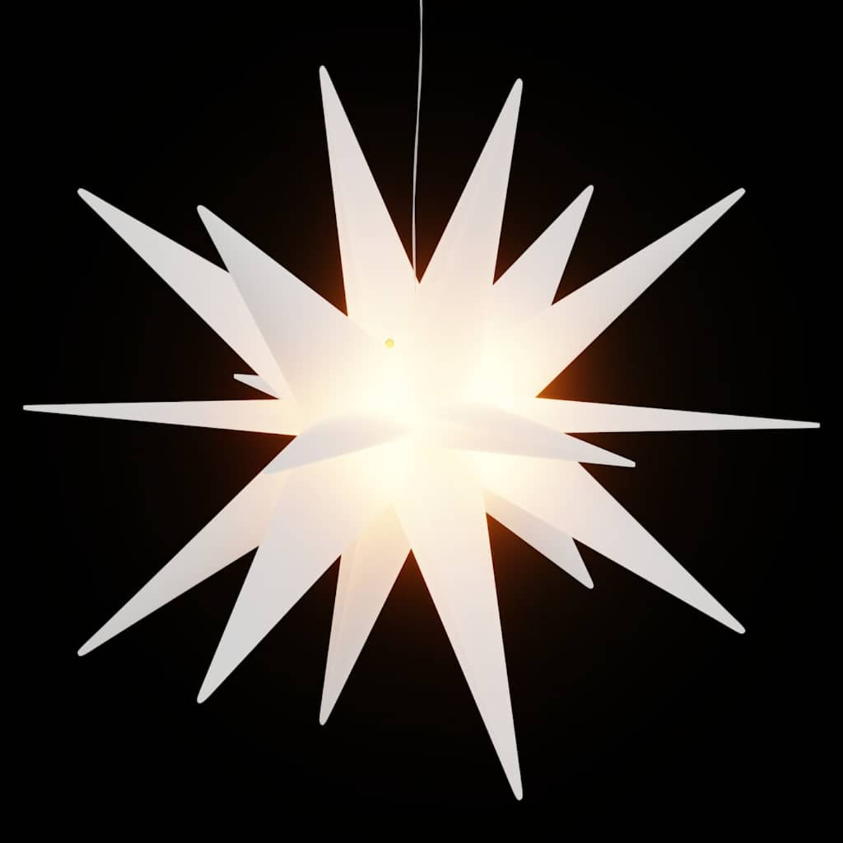 Eine leuchtende weiße Sternenlampe mit vielen Zacken auf schwarzem Hintergrund.