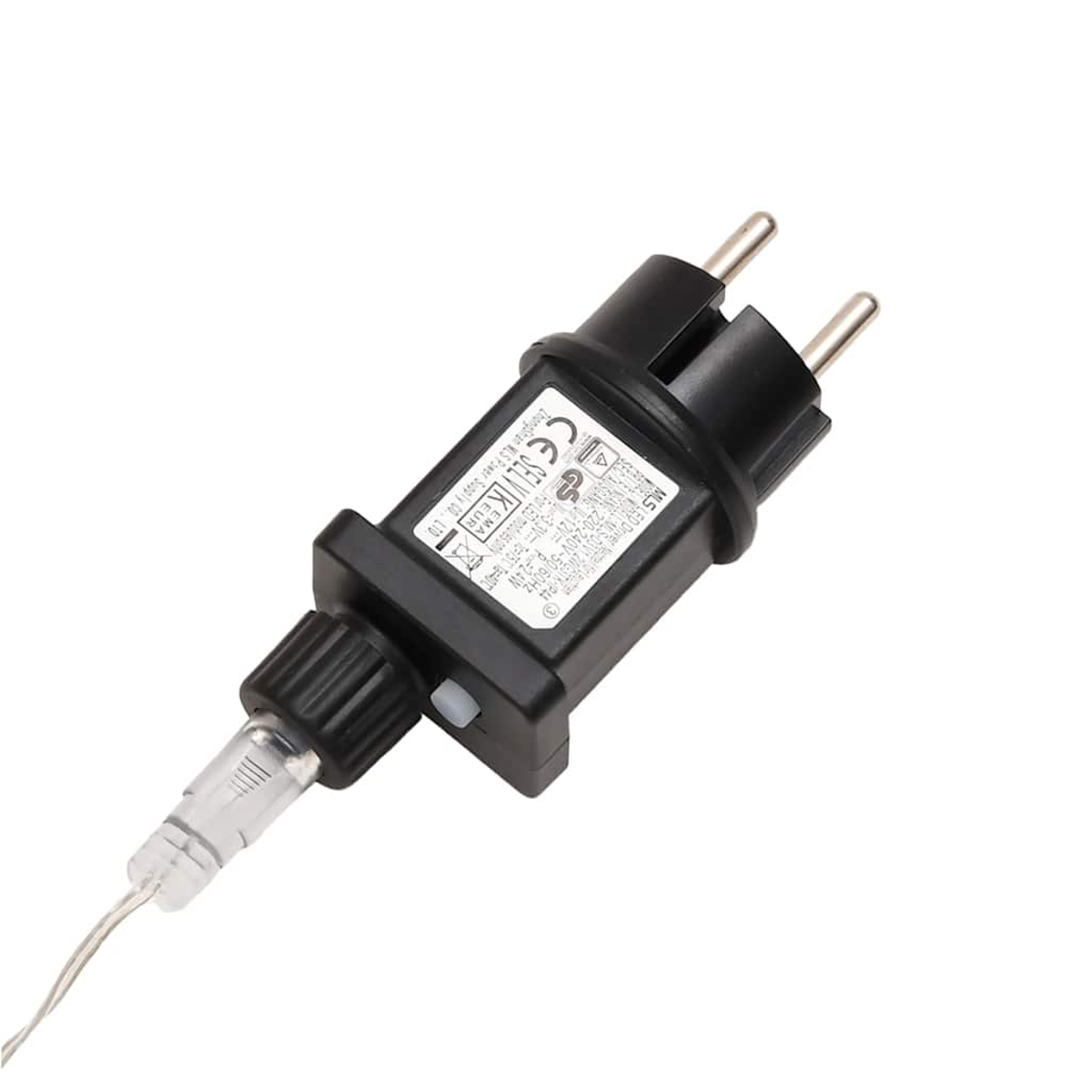 Schwarzer LED-Treiber mit EU-Stecker, weißem Knopf und Kabel.