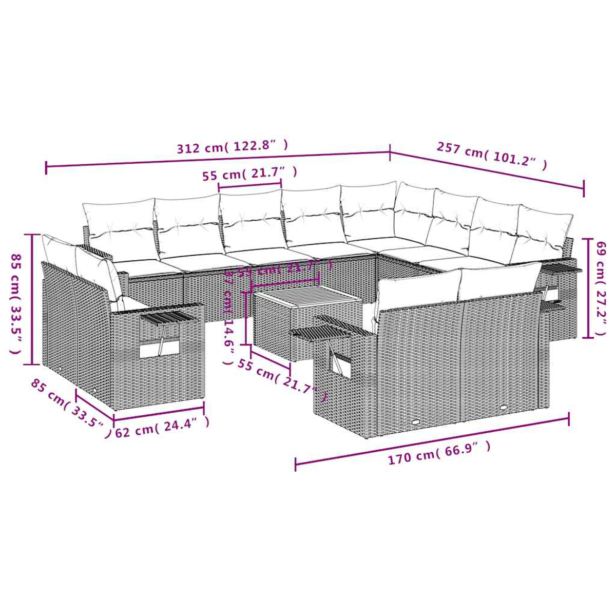 Diagrama de un sofá modular grande y gris para exteriores con mesa de centro. Se muestran las dimensiones.