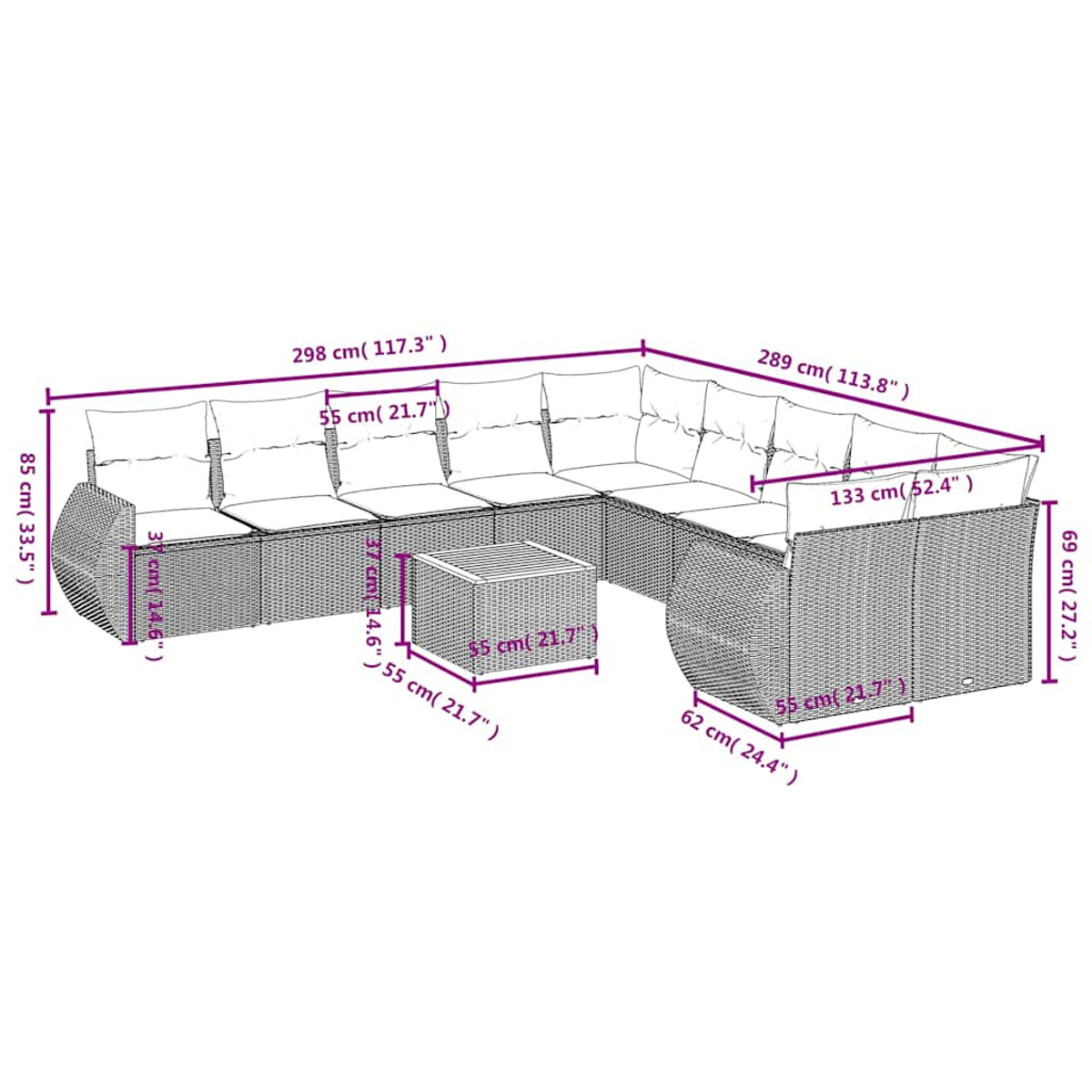 Graues Rattan-Lounge-Set mit weißen Kissen und einem Tisch, Maße angegeben.