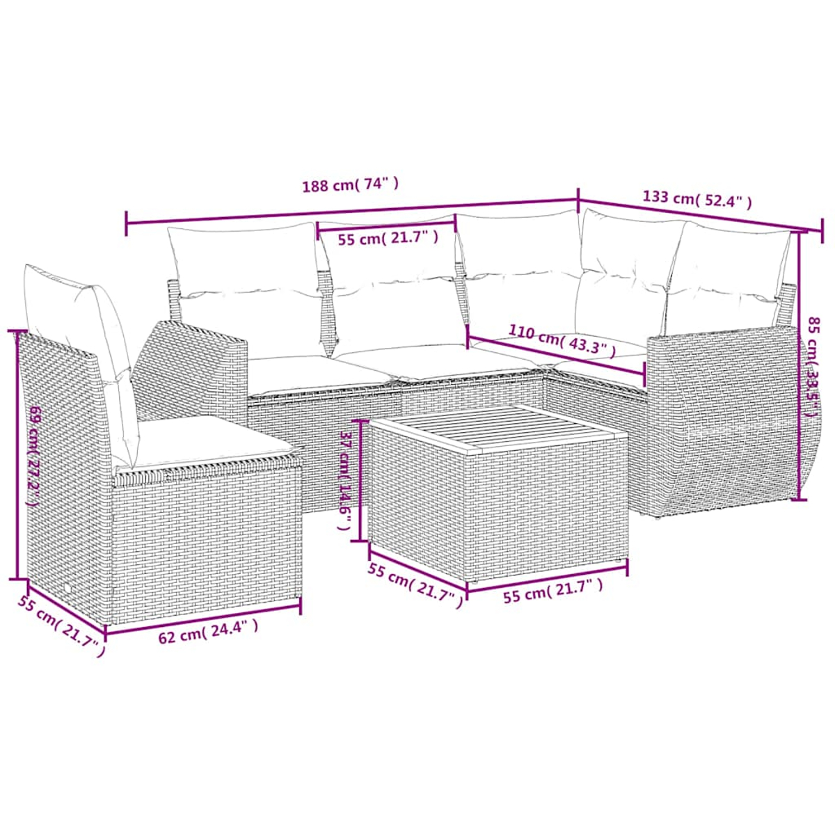 Geflochtenes Lounge-Set mit Maßen und Kissen.