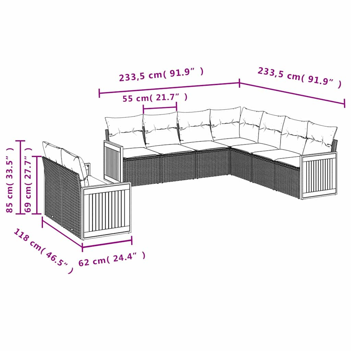 Diagramm eines modularen Sofas für den Außenbereich mit Maßen. Dunkelbraun mit cremefarbenen Kissen.