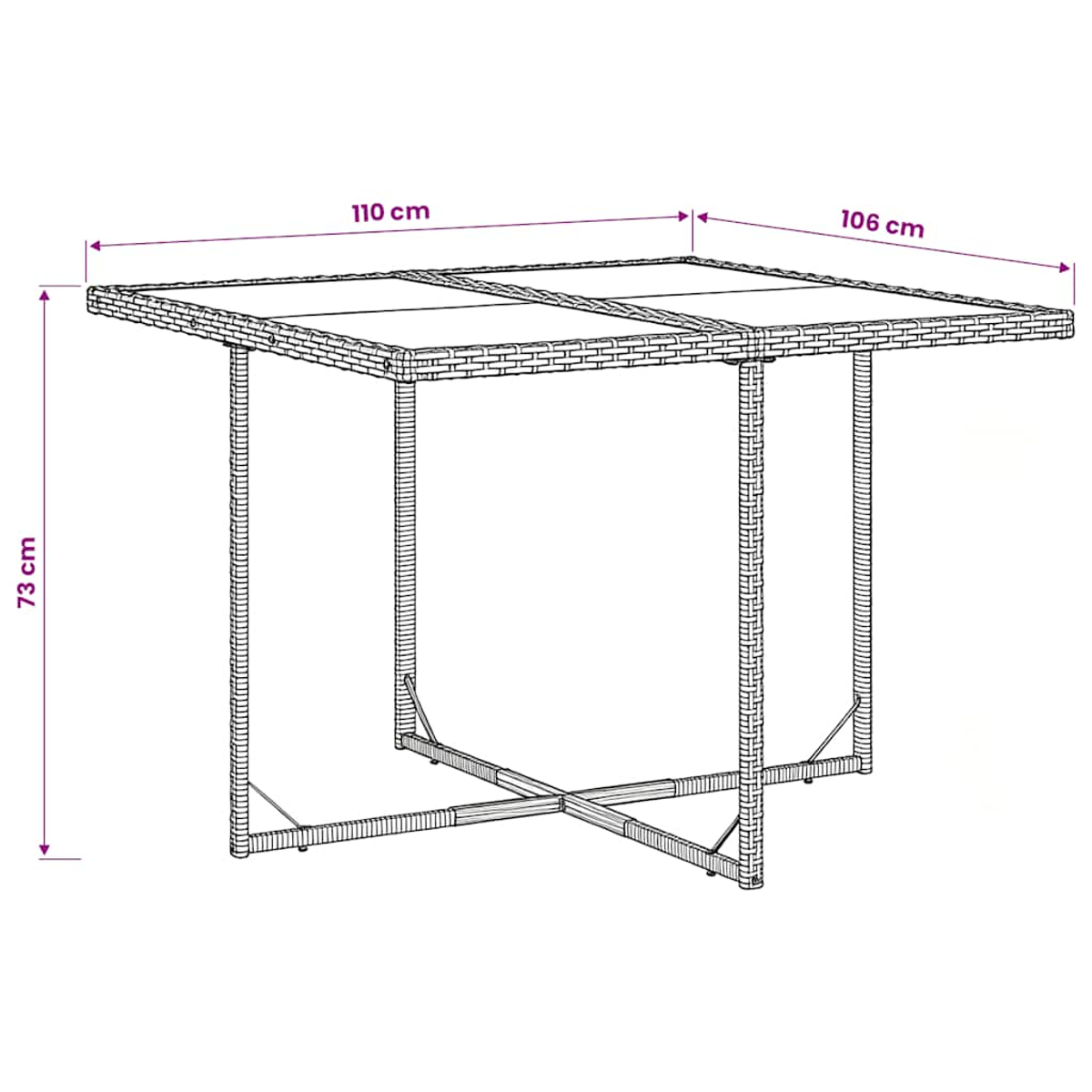 Zeichnung eines rechteckigen Tisches mit Maßangaben: 110 cm lang, 106 cm breit, 73 cm hoch.