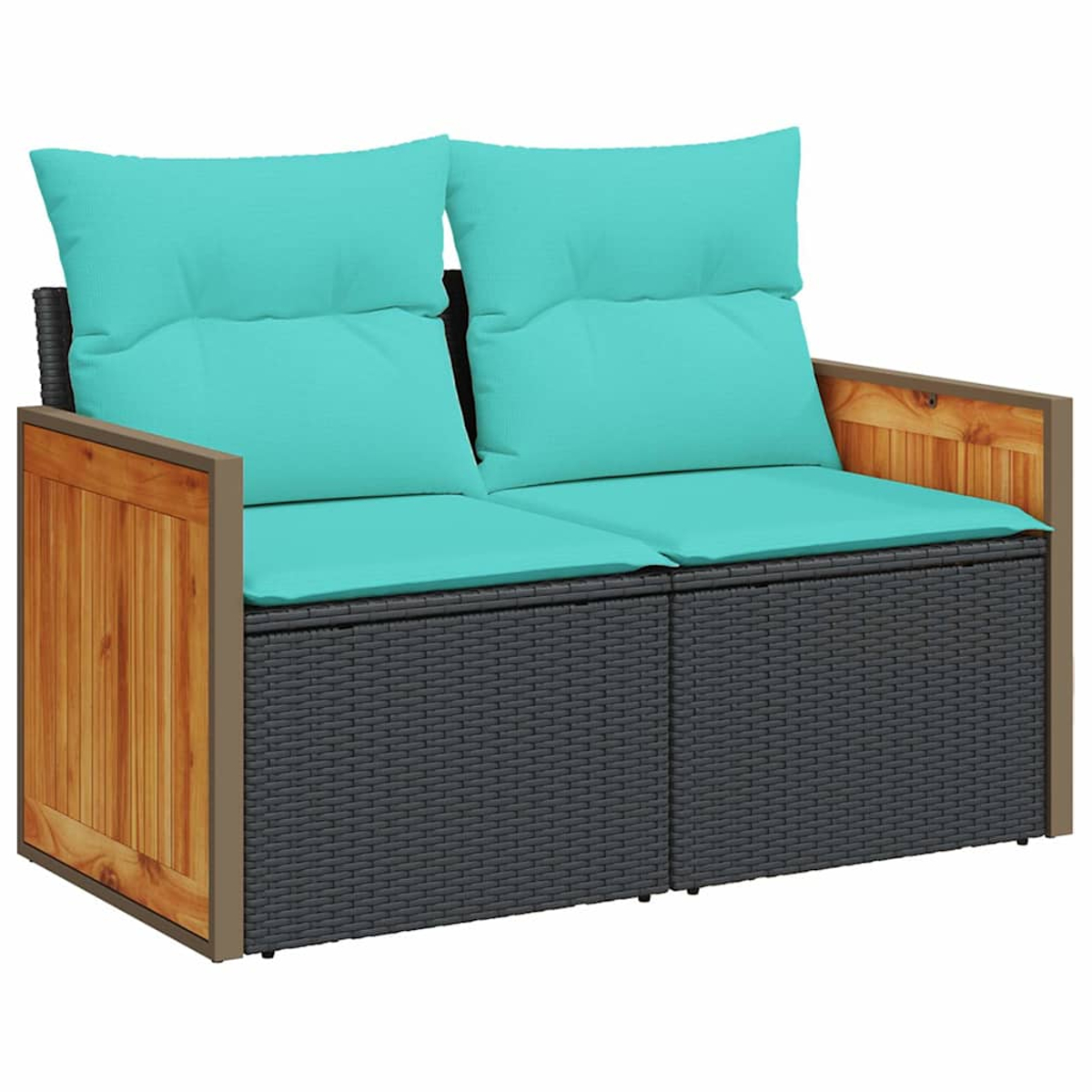Graue Rattan-Loveseat mit Holzarmlehnen und türkisblauen Kissen.