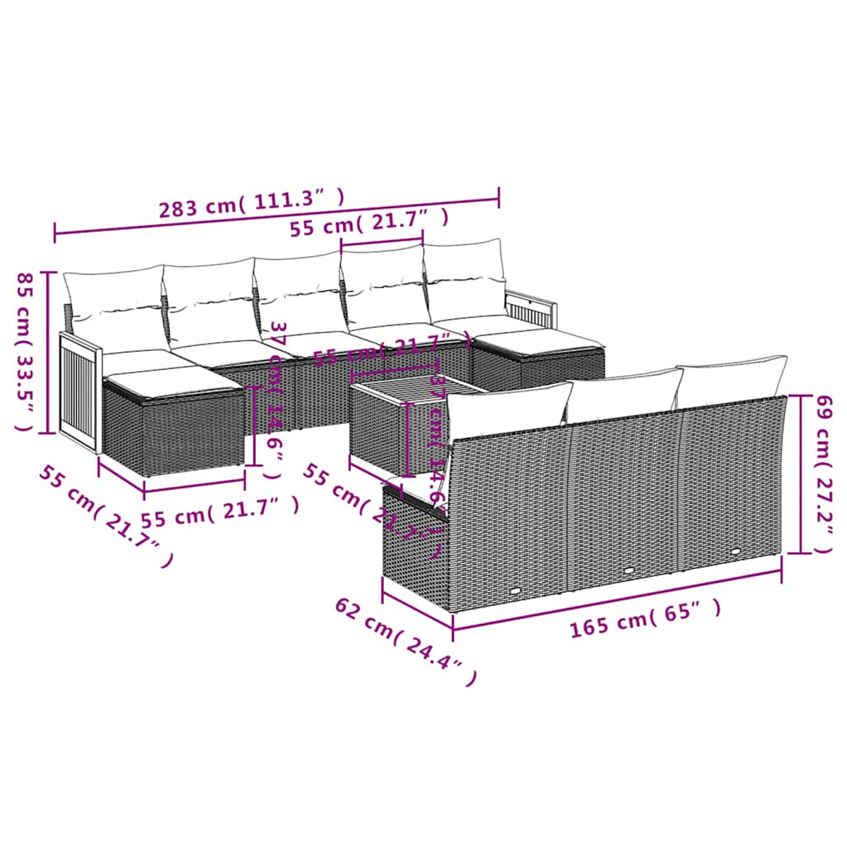 Geflecht-Lounge-Set mit weißen Kissen und Tisch. Maße sind angegeben.