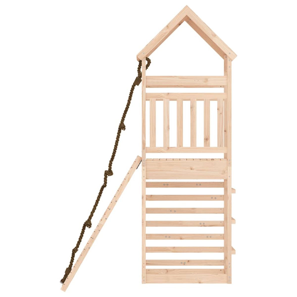 Holzspielhaus mit Strickleiter und Rutsche.