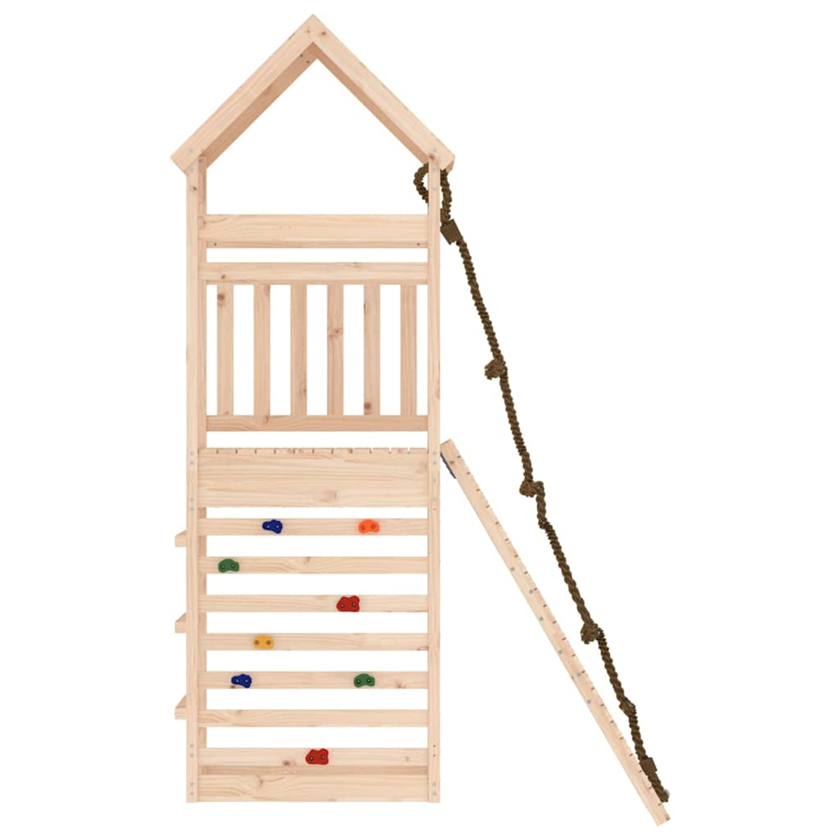 Ein hölzerner Spielturm mit Kletterwand, Sprossen und Seil.