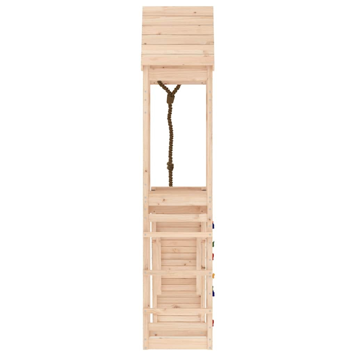 Ein hölzerner Spielturm mit Leiter und Seil, auf weißem Hintergrund.