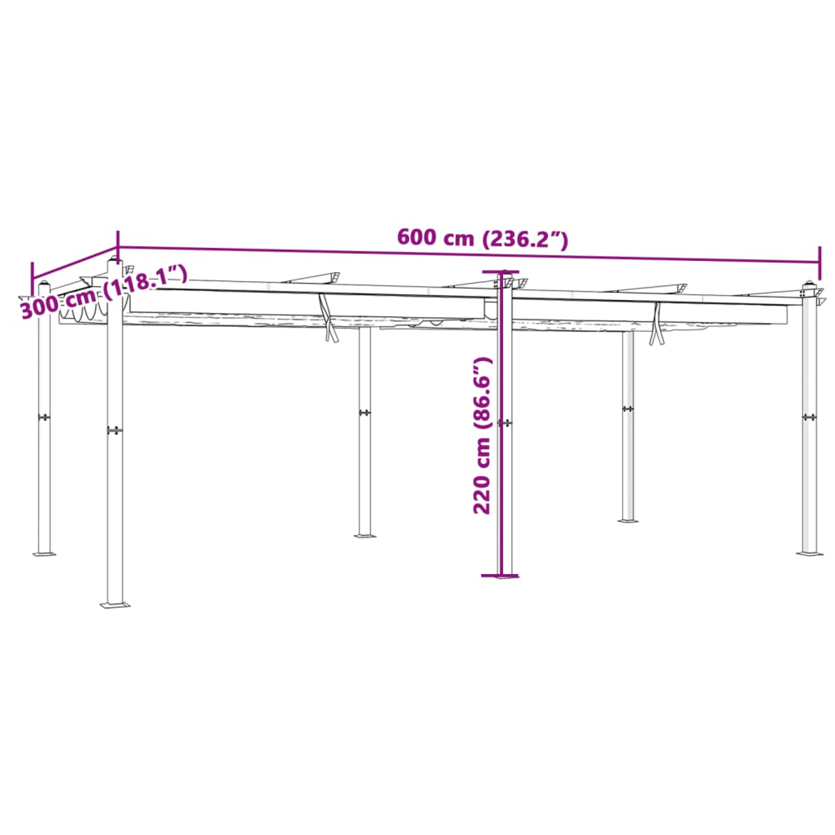 Diagramma di una pergola che mostra le dimensioni: 600 cm di lunghezza, 300 cm di larghezza, 220 cm di altezza.