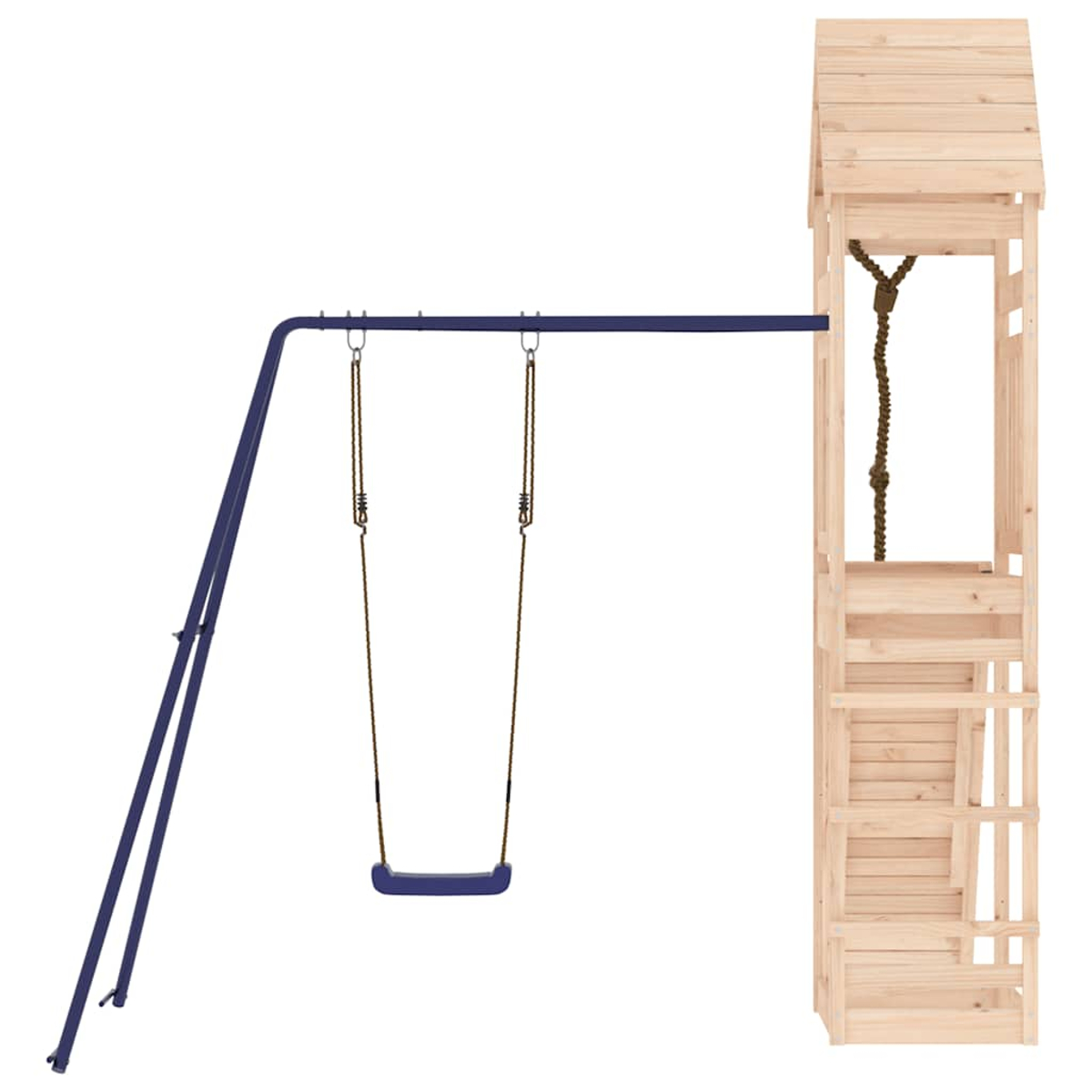Ein Holzspielturm mit einer blauen Schaukel und einem Seil auf weißem Grund.