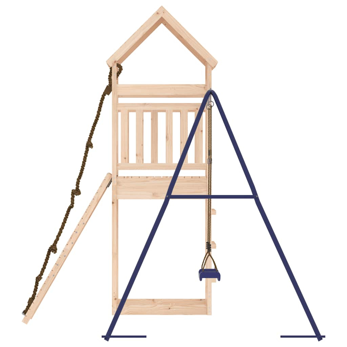 Holzspielturm mit Leiter, Schaukel und Dach.