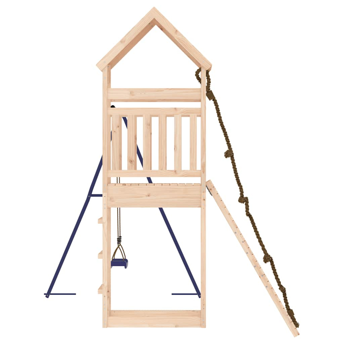 Holz-Spielturm mit Schaukel, Strickleiter und Dach.
