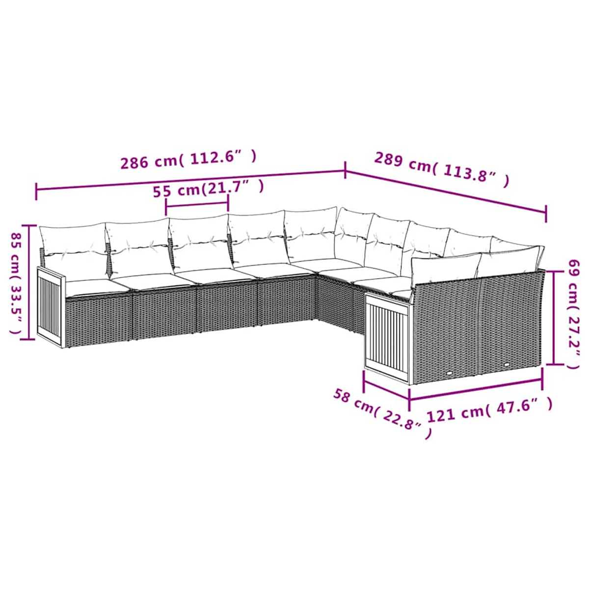 Ein graues Outdoor-Ecksofa mit Kissen, Maße sind angegeben.
