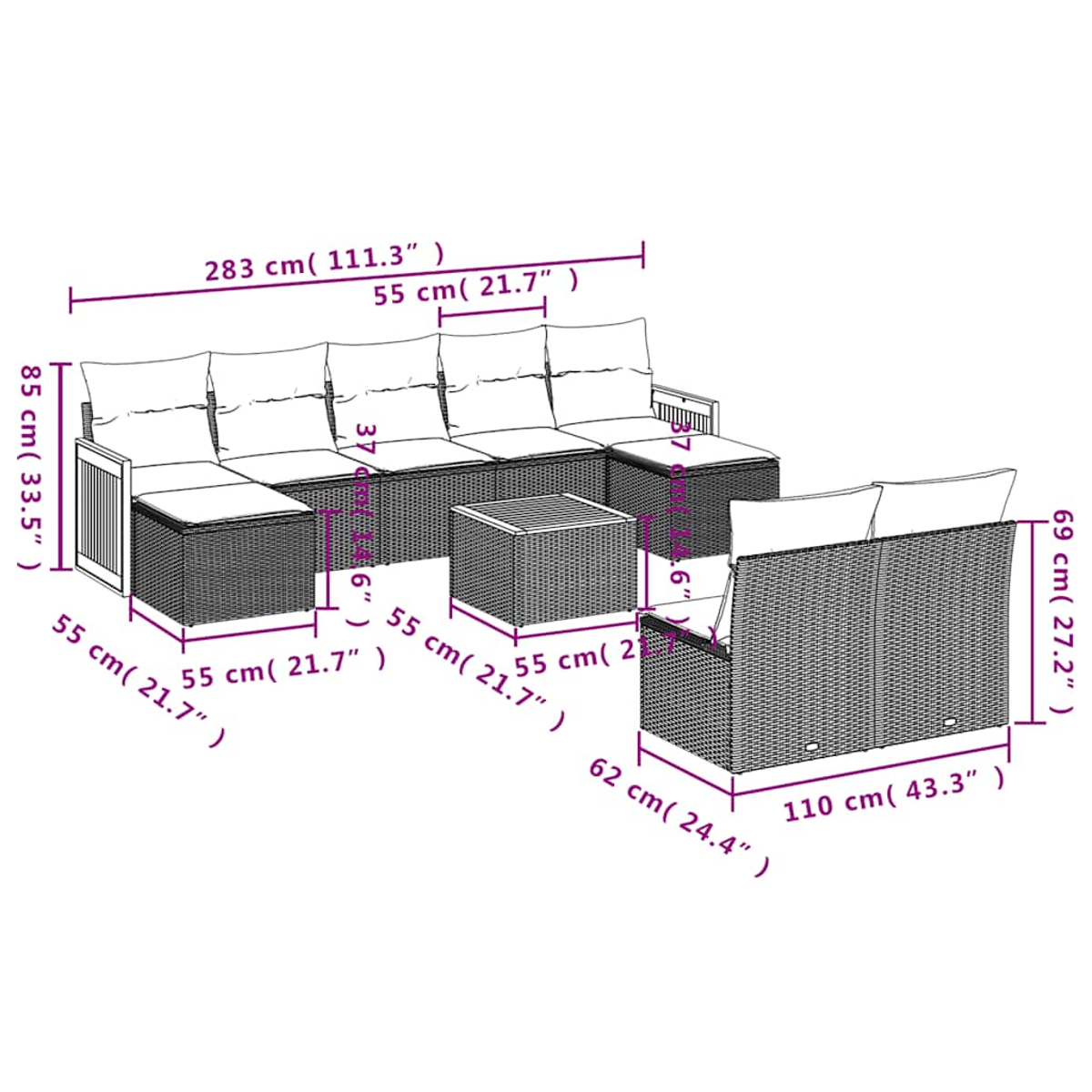 Diagramm eines modularen Outdoor-Sofas mit Maßen. Enthält ein langes Sofa, Eckteil, Hocker und Couchtisch.