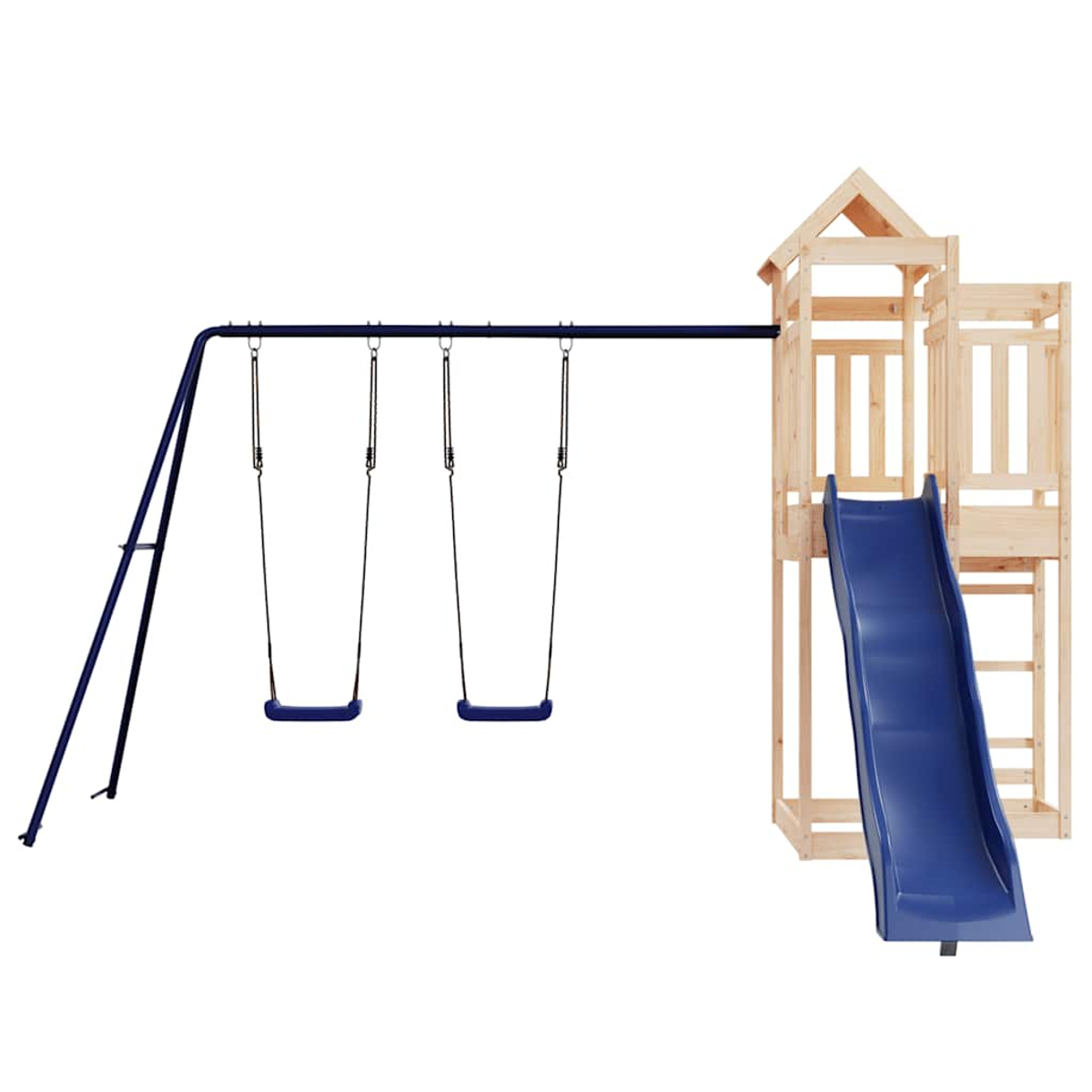 Ein Spielturm aus Holz mit einer blauen Rutsche und zwei Schaukeln daran.