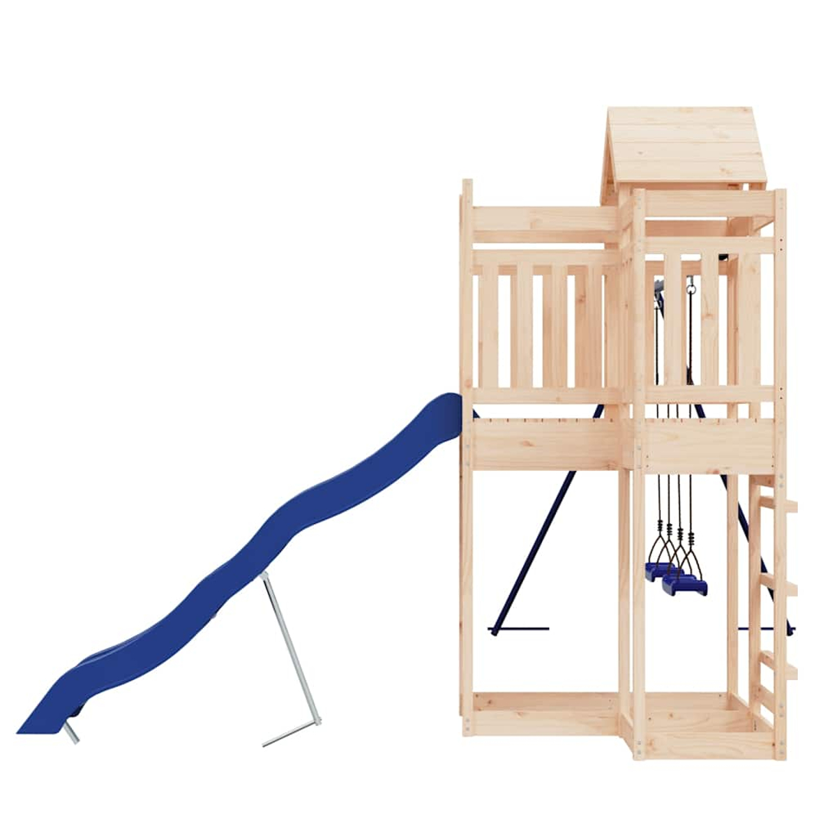 Holzspielturm mit Rutsche, Schaukeln und Leiter, weißer Hintergrund.