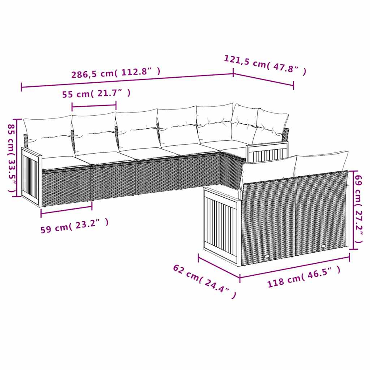 L-förmiges Rattan-Sofa mit weißen Kissen, Maße sind angegeben.