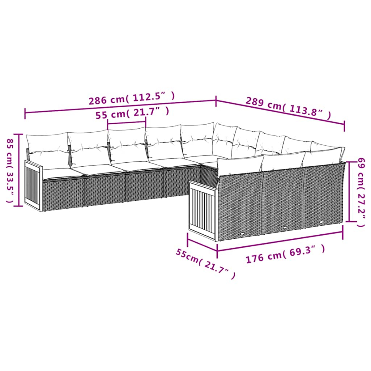 Braune Rattan-Lounge-Ecke mit weißen Kissen und Maßen.