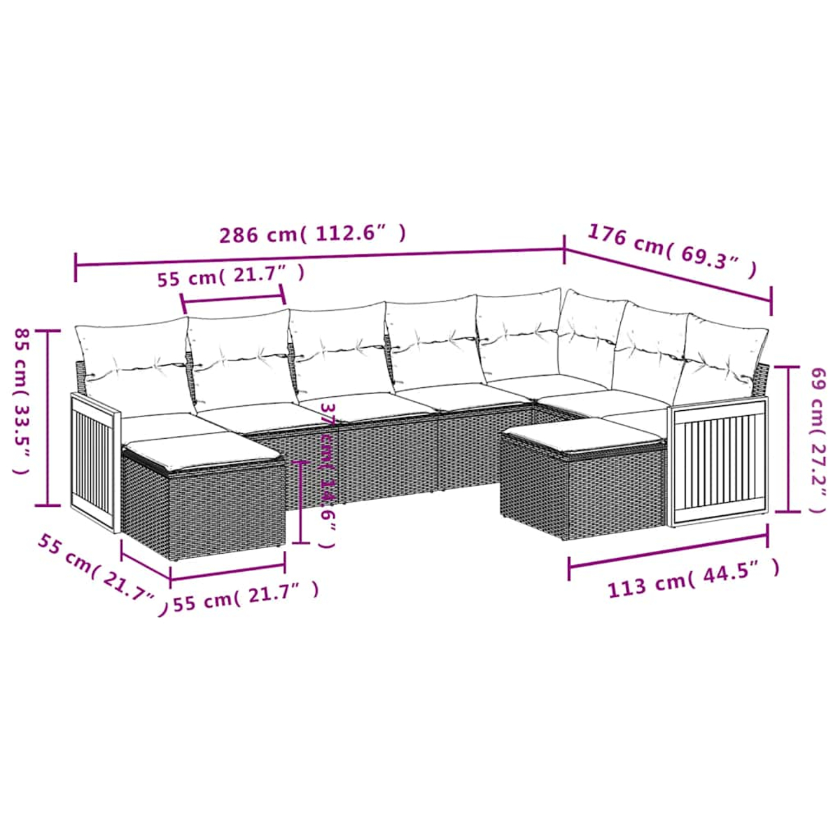 Geflecht-Lounge-Set mit Kissen. Maße in cm und Zoll sind angegeben.