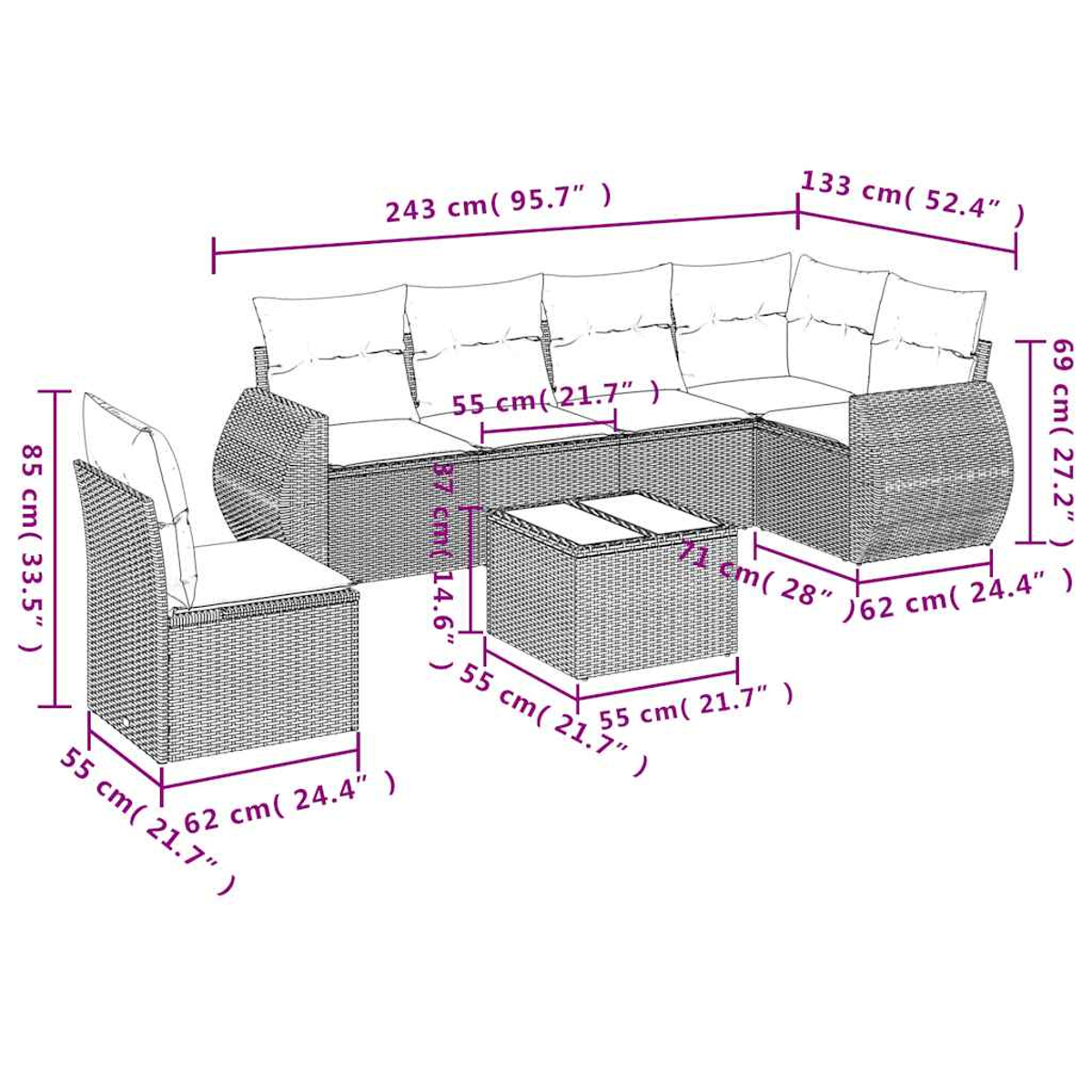 Ein modulares Outdoor-Möbelset aus Rattan mit weißen Kissen und Maßen.