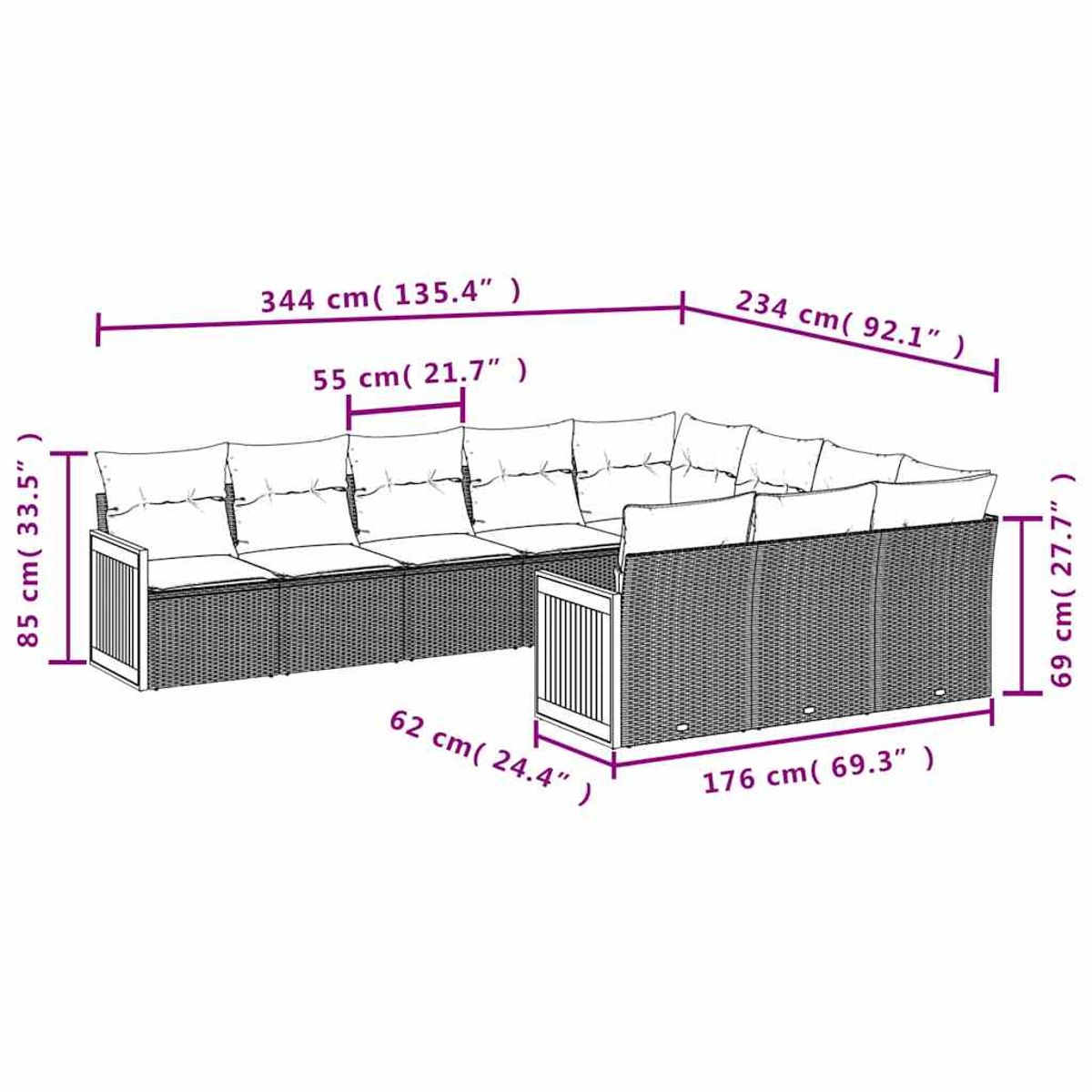 Ein modululares Outdoor-Sofa mit grauen Kissen und Maßen.