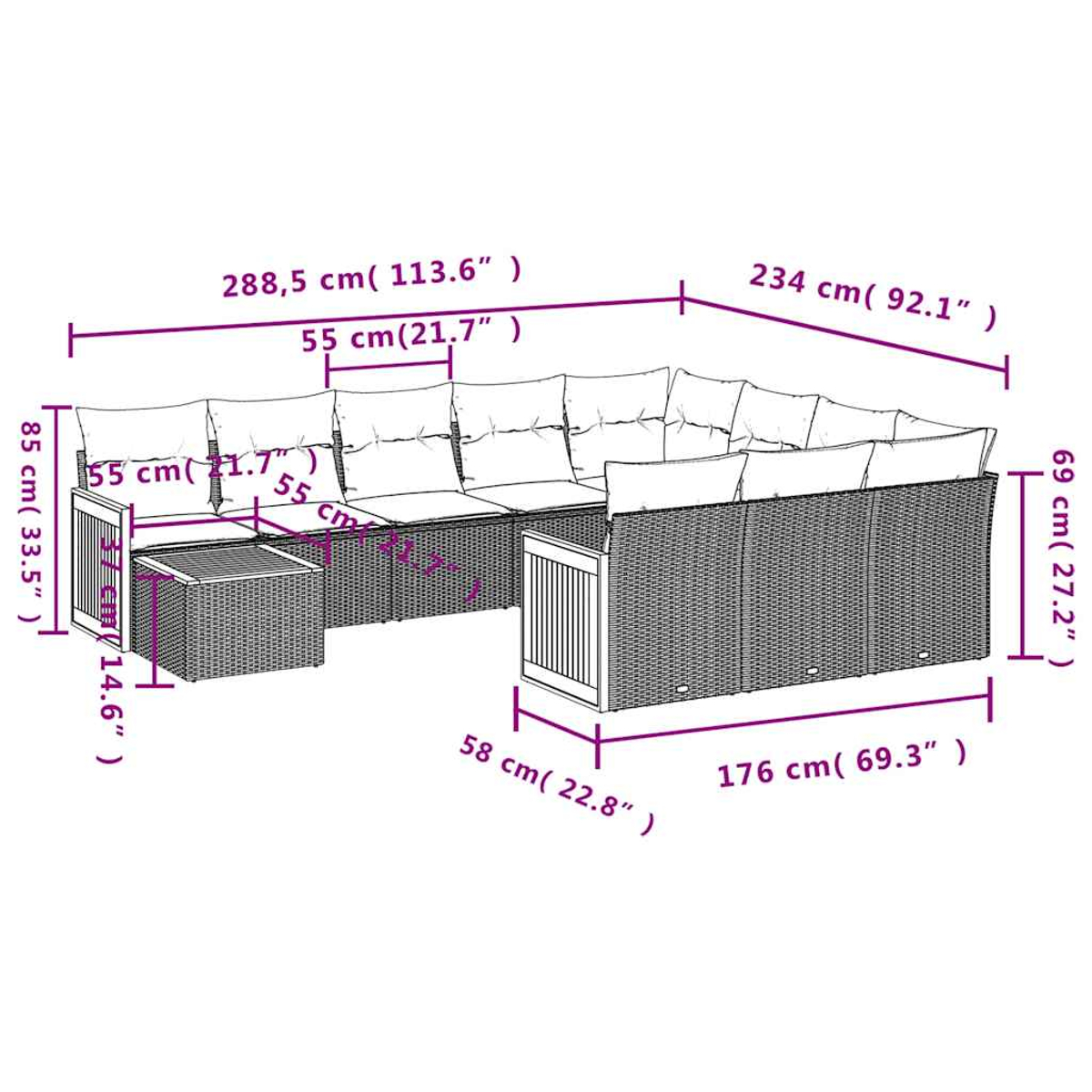 Ein modululares Rattan-Sofa mit beigen Kissen, Maße sind auf dem Bild angegeben.