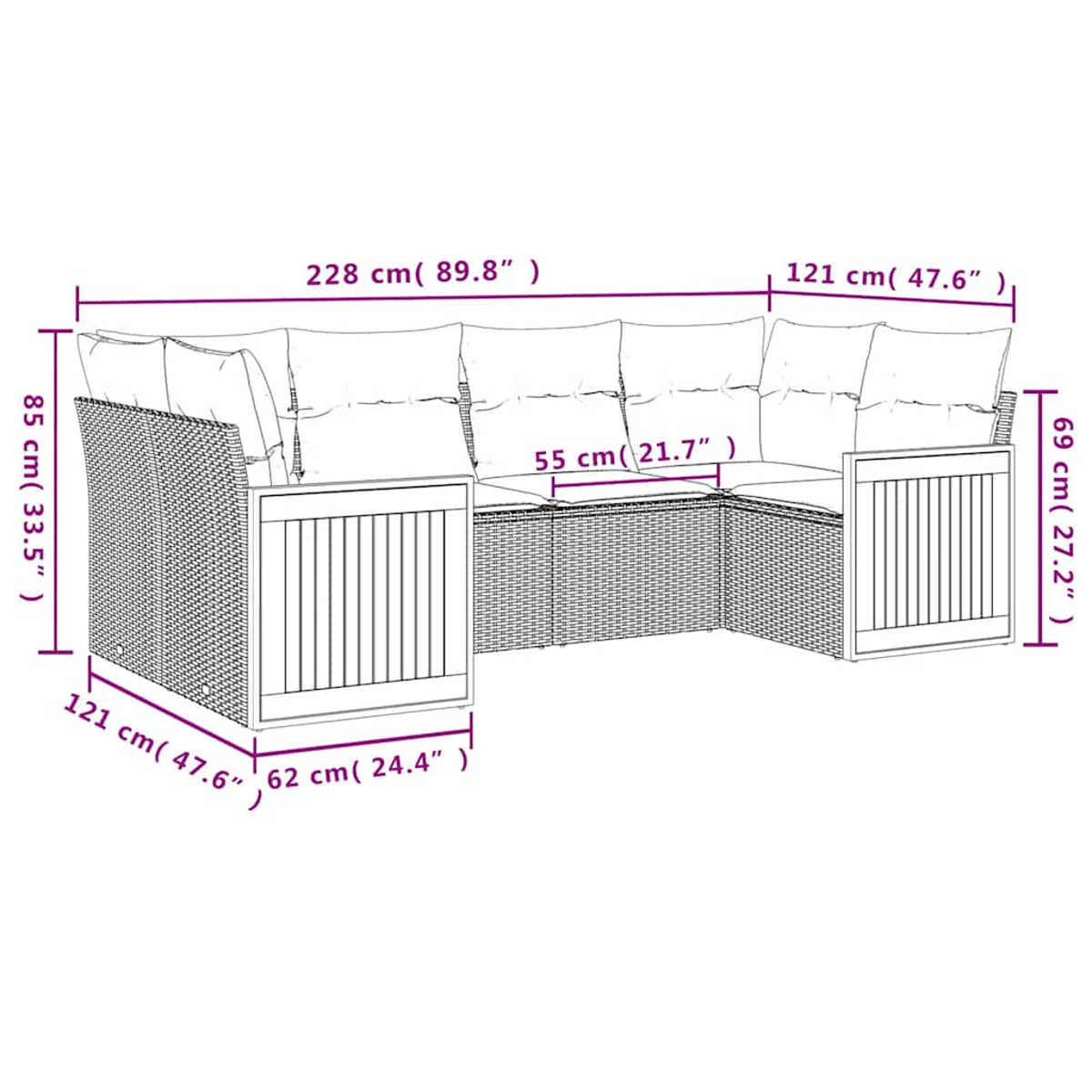 Ein L-förmiges Rattan-Sofa mit weißen Kissen, Maße sind angegeben.
