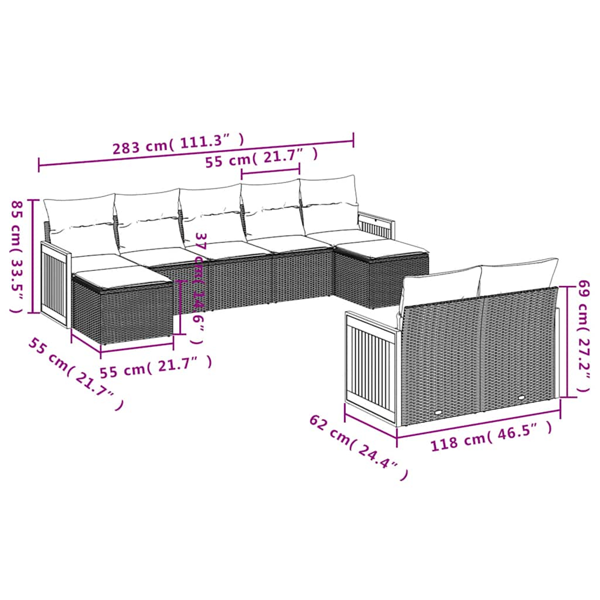 Diagramm zeigt ein modulares Outdoor-Sofa mit Maßen in cm und Zoll.