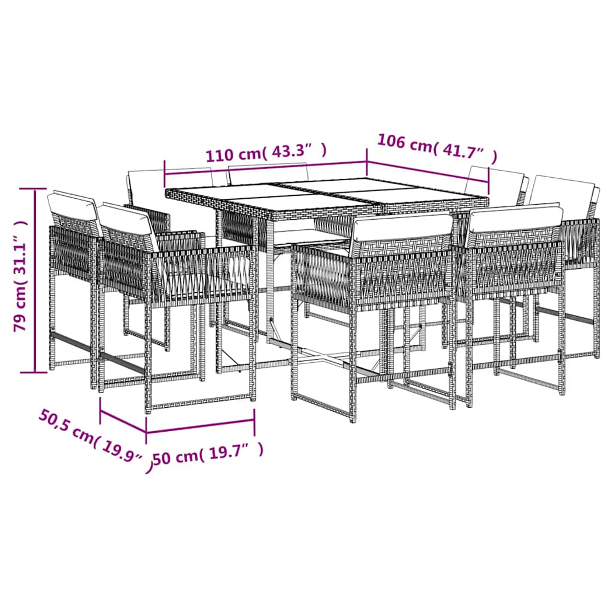 Diagrama de un juego de mesa de bar con dimensiones: mesa 110x106 cm, altura 79 cm.