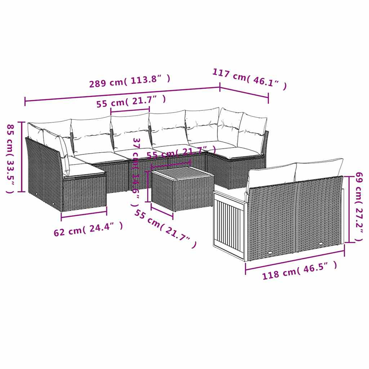 Wicker-Lounge-Set mit Maßangaben: 5-Sitzer-Sofa, Tisch und 2-Sitzer-Sofa.