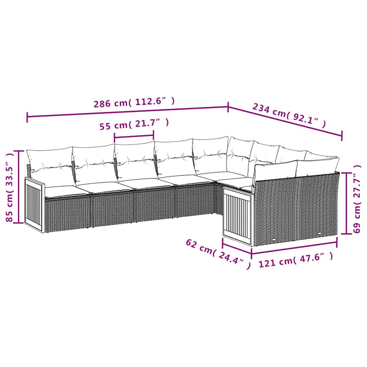 Graues Rattan-Ecksofa mit weißen Kissen, mit Maßen.