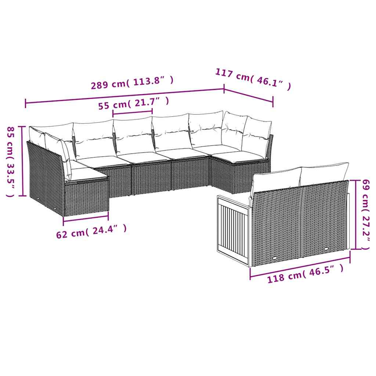 Geflochtene modulare Couch und Couchtisch mit Maßen.