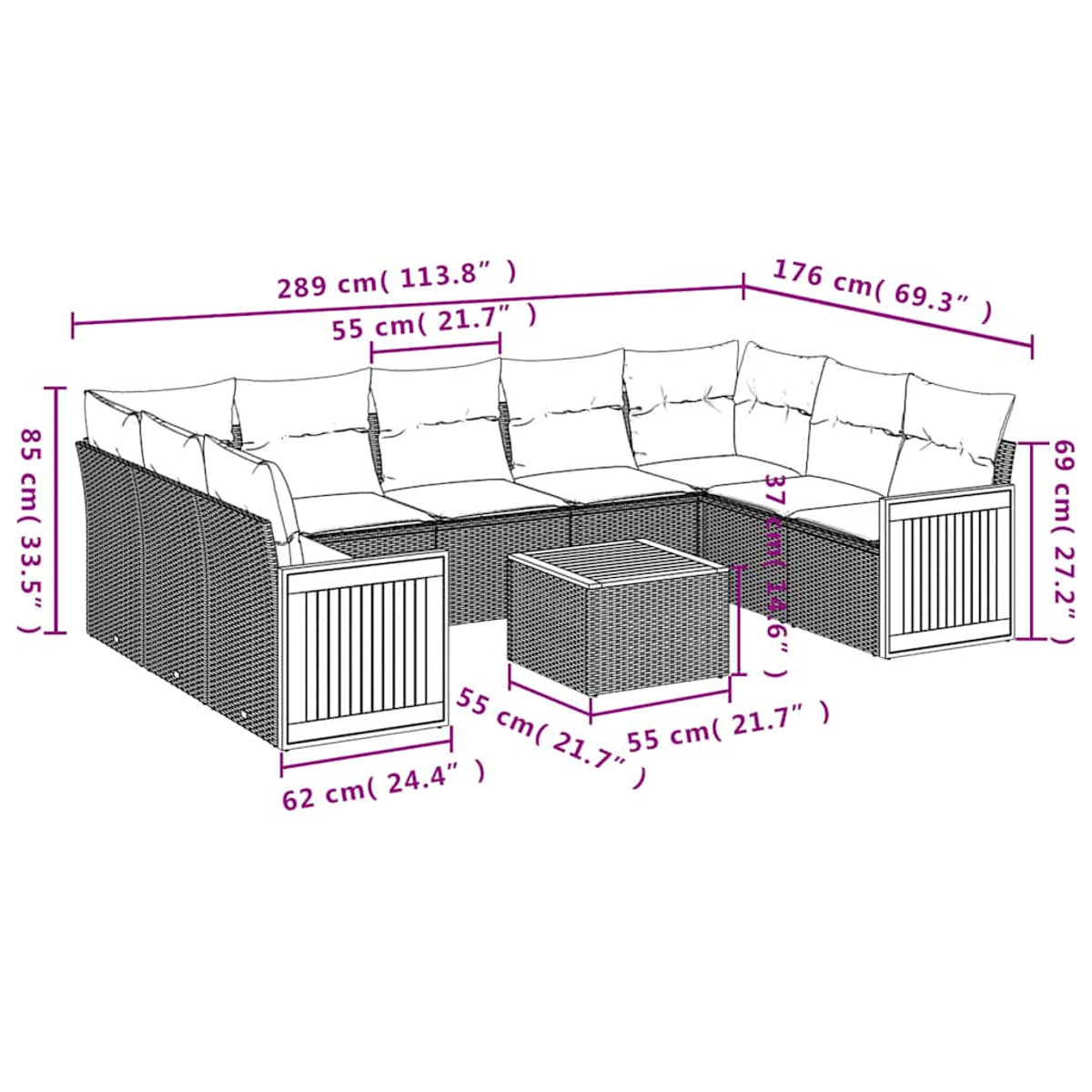 Diagramm eines modularen Outdoor-Sofasets mit Maßen. Beinhaltet Sofa-, Eck- und Ottomanenteile.