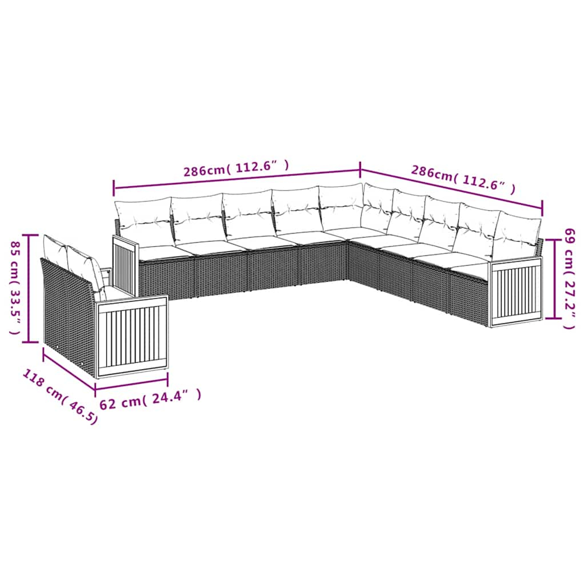 Diagrama de un sofá seccional de exterior con dimensiones. Tiene cojines beige.