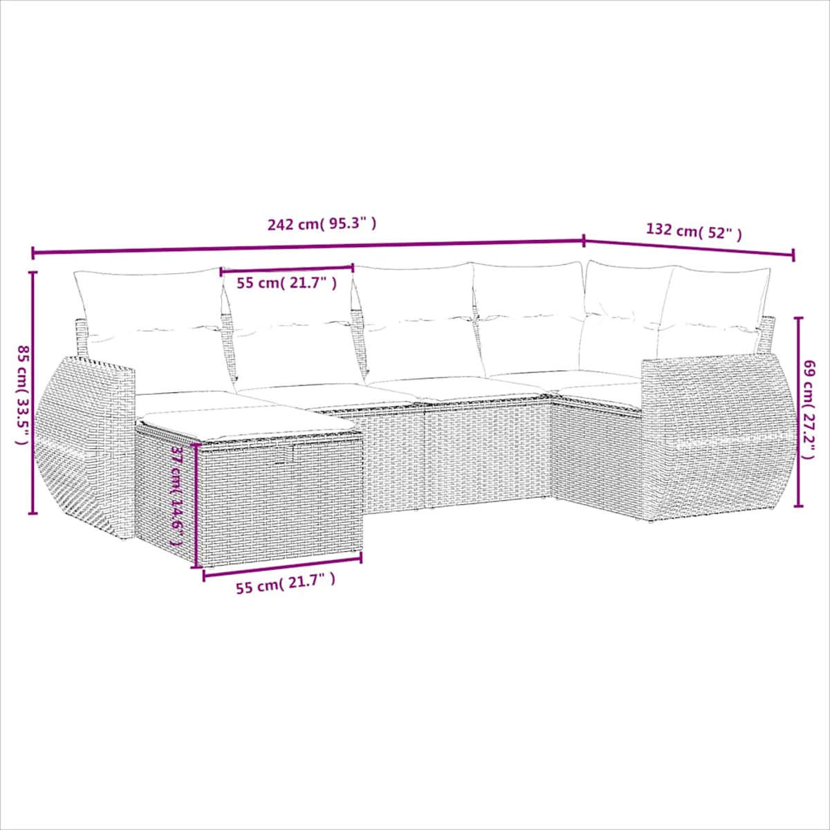 Ein modulares Loungeset aus Rattan mit Kissen. Maße: 242x132x85 cm.