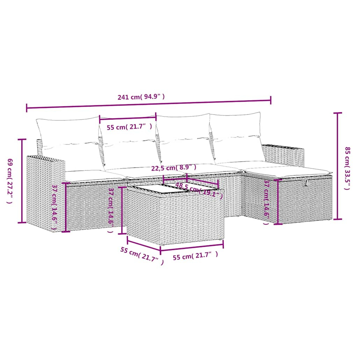 Geflochtenes Lounge-Set mit Maßen: 241cm L, 69cm H, 85cm H. Beinhaltet Tisch.