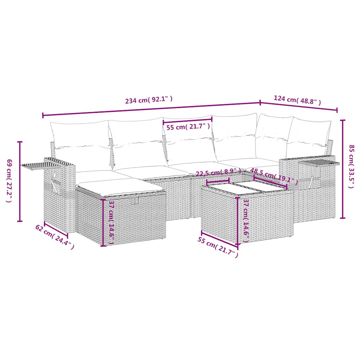 Diagramm eines modularen Sofas für den Außenbereich mit Maßen.