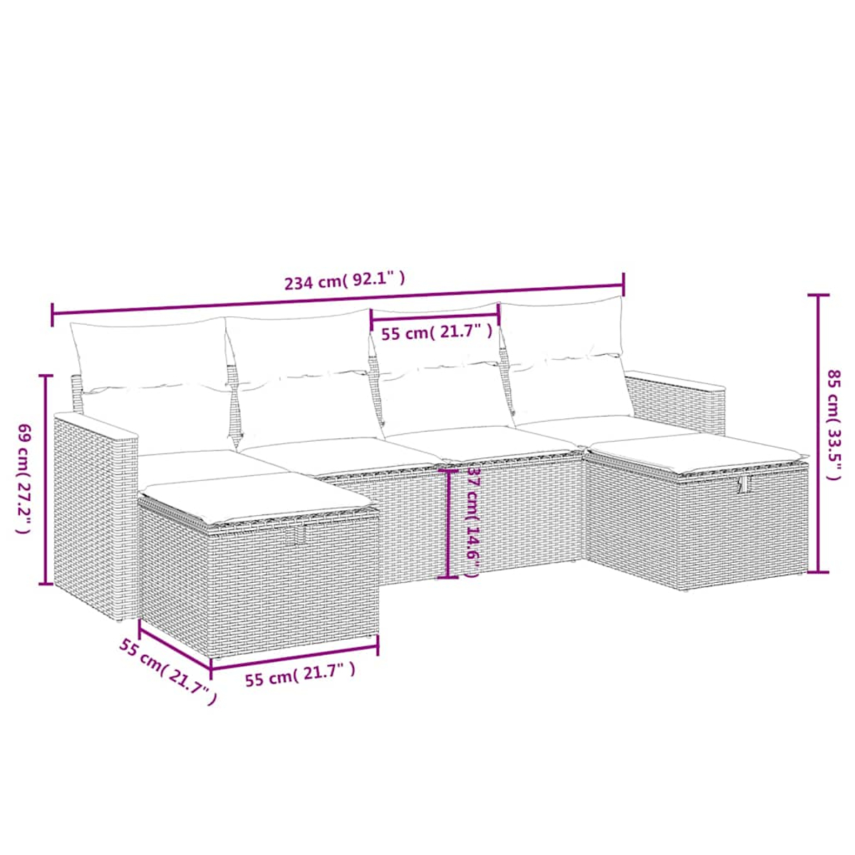 Geflochtenes Sofa mit Maßen. Links eine L-förmige Ecke, rechts ein Hocker.